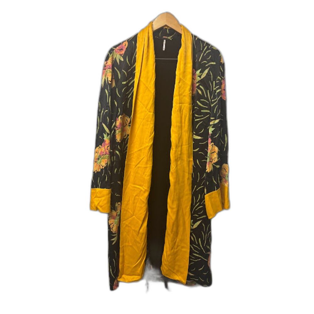 Free People Kimono Open Front Topper Duster Robe Yellow Black Floral Size XS/S